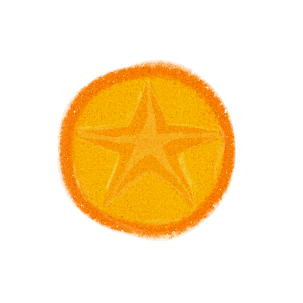 a round, gold coin with a star on it, styled from animal crossing